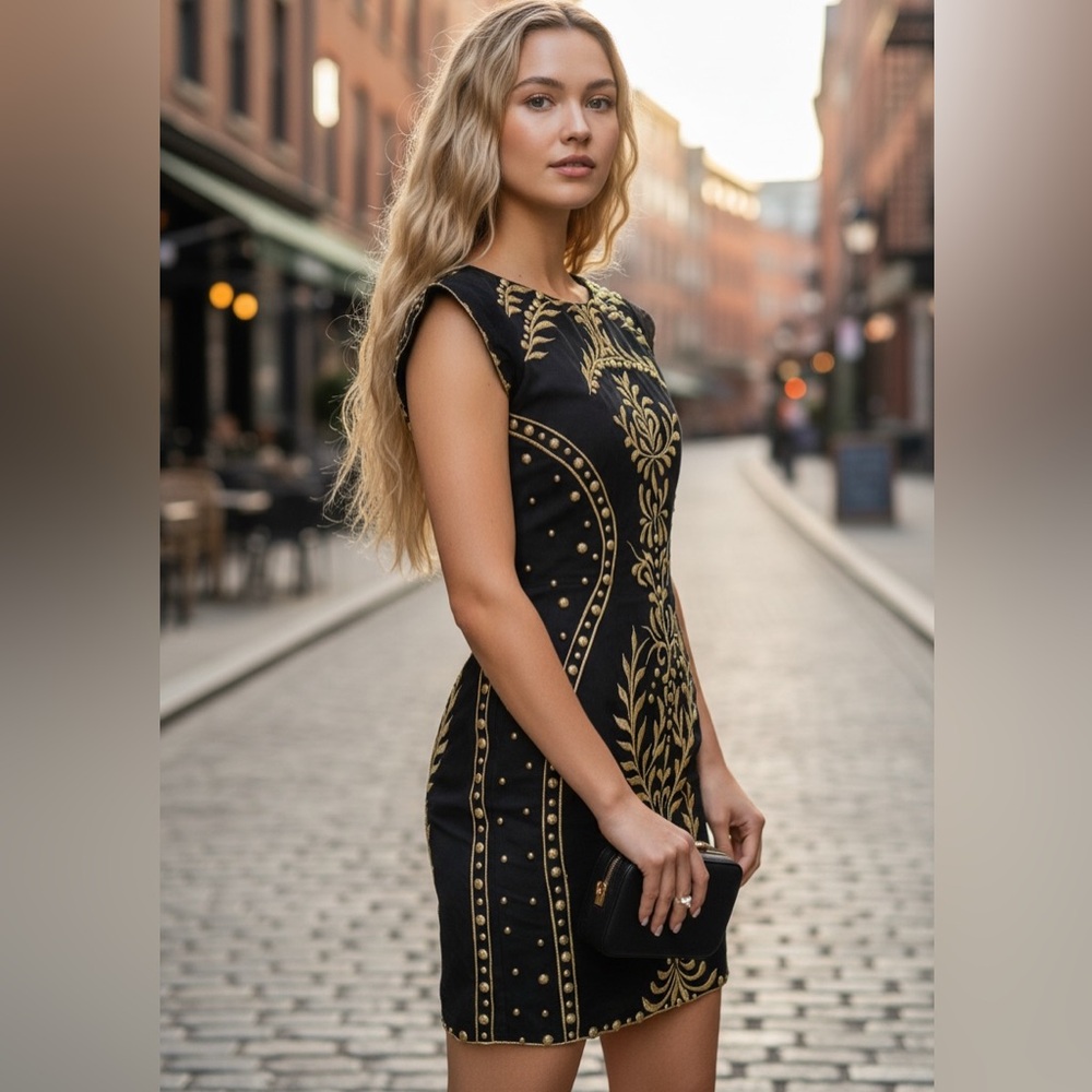 Chic Black Dress with Gold Embroidery